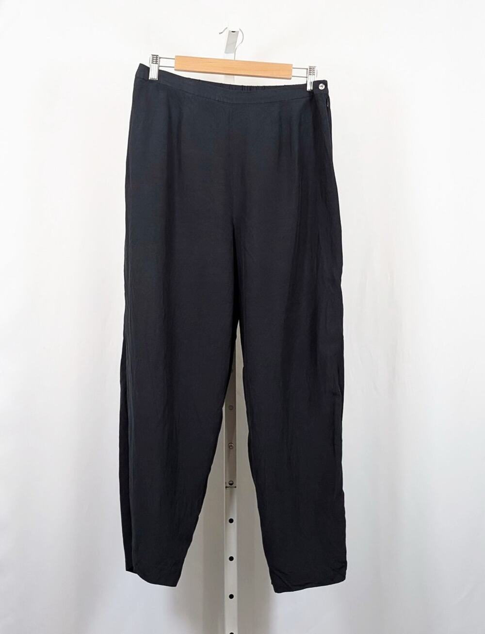 Vintage 90s Pants Black Silk Linen Wide Leg Women's Size L Hillard & Hanson